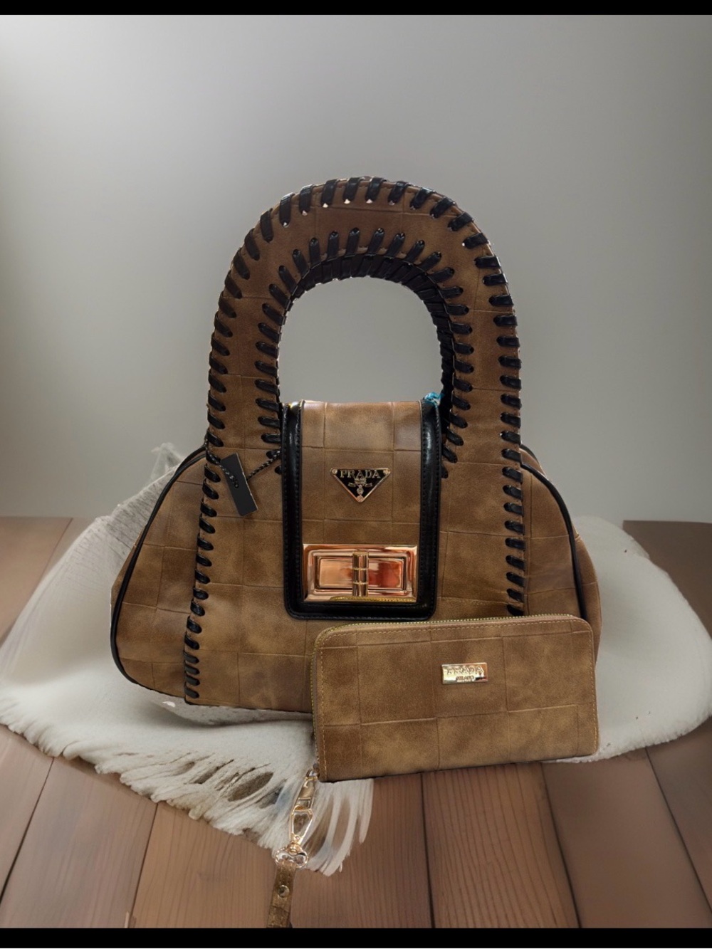 Tan Leather Top-Handle Bag‎ with Matching Wallet